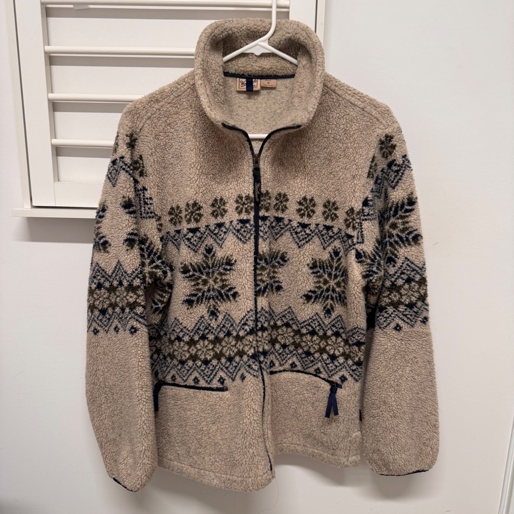 Woolrich Womens Medium Sherpa Fleece Jacket Fair Isle Snowflake Full Zip USA